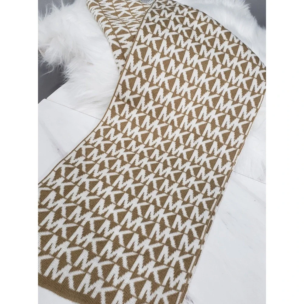 NWOT Michael Kors Scarf & Hat MK Monogram Reversible Tan Beige White Knit Logo
